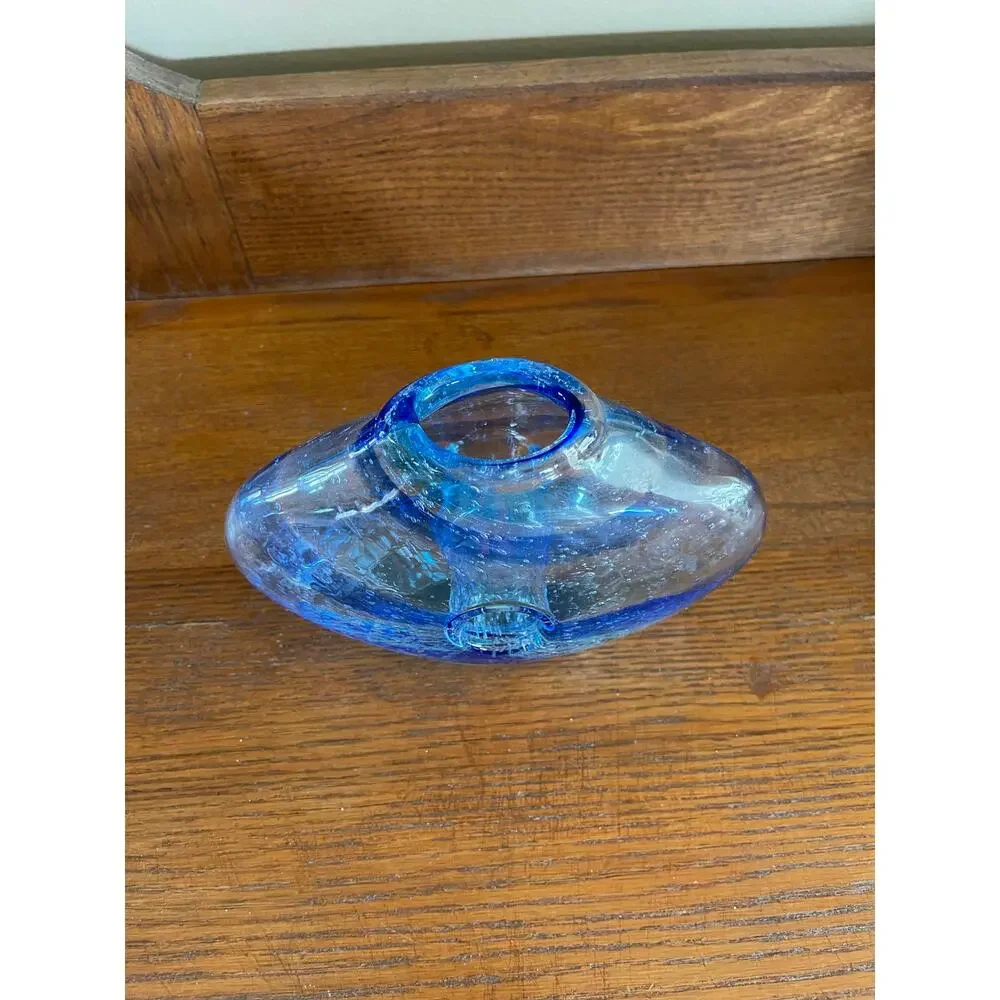 Italian Art Glass Vase with Donut Hole Blue Ribbon Swirls Hand Blown 7